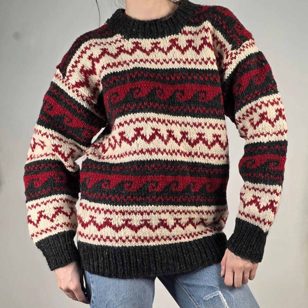 Handmade Wool Red Cream Fair Isle Ski Sweater Chucky Knit Cabin Heritage